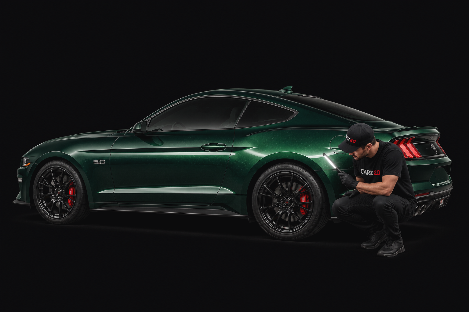 Bodywork specialist scanning a repair zone on a green performance coupe