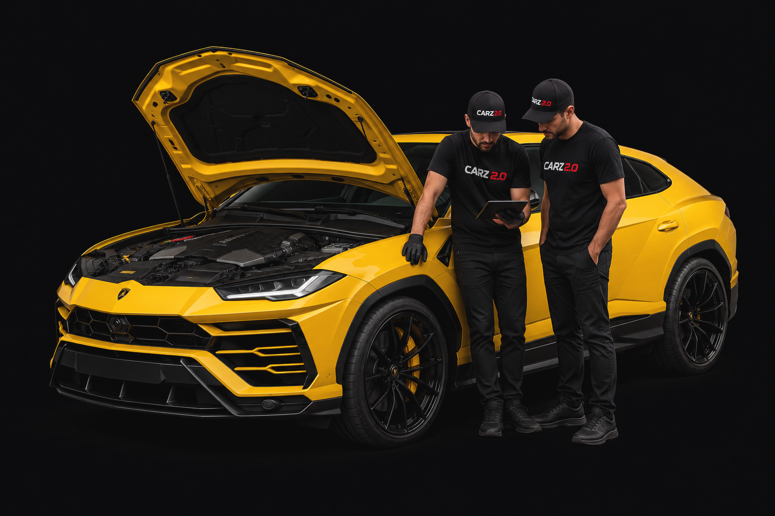 Master mechanic diagnosing a gloss-yellow premium SUV
