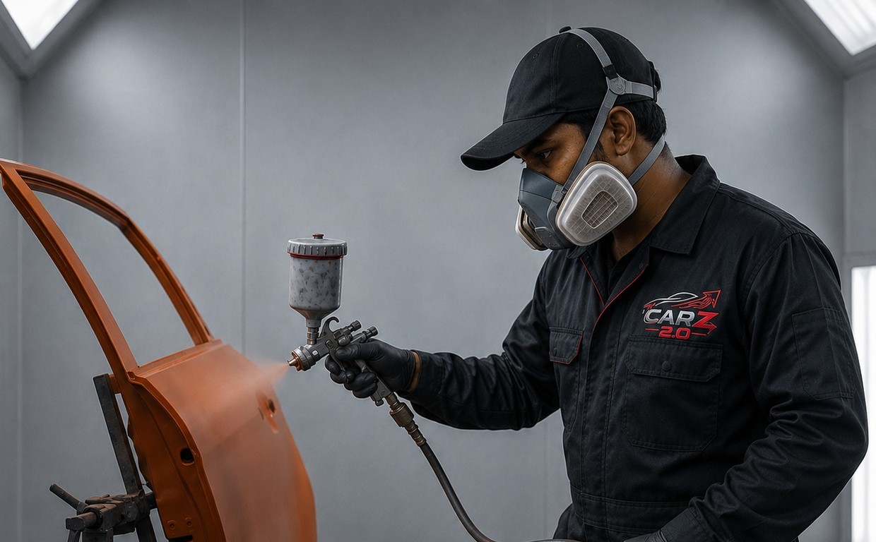 Paint technician applying colour to an orange car door with a professional spray gun