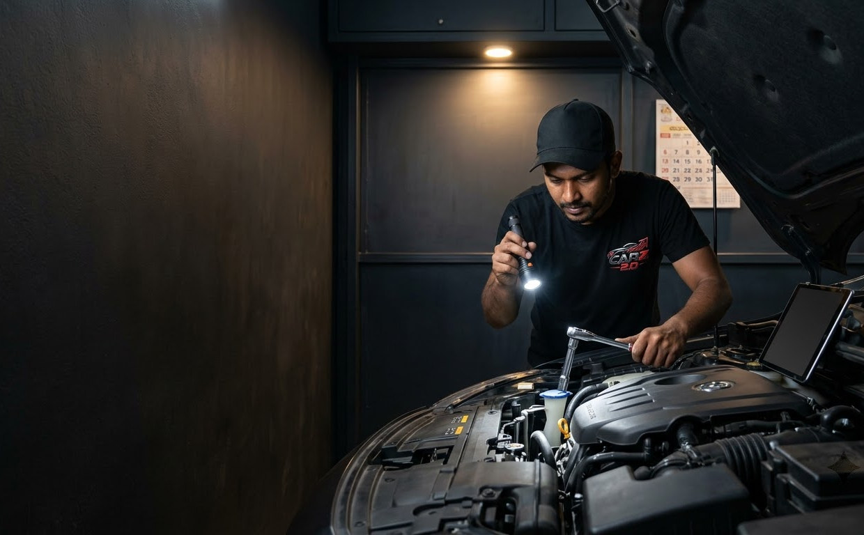 Technician inspecting an engine bay