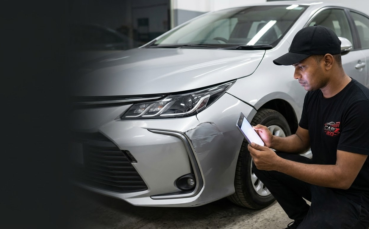 Collision damage being assessed on a silver sedan