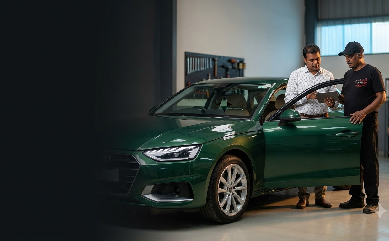 Green saloon in the workshop for insurance renewal