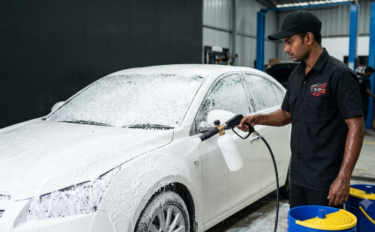 Foam wash on a pearl white sedan