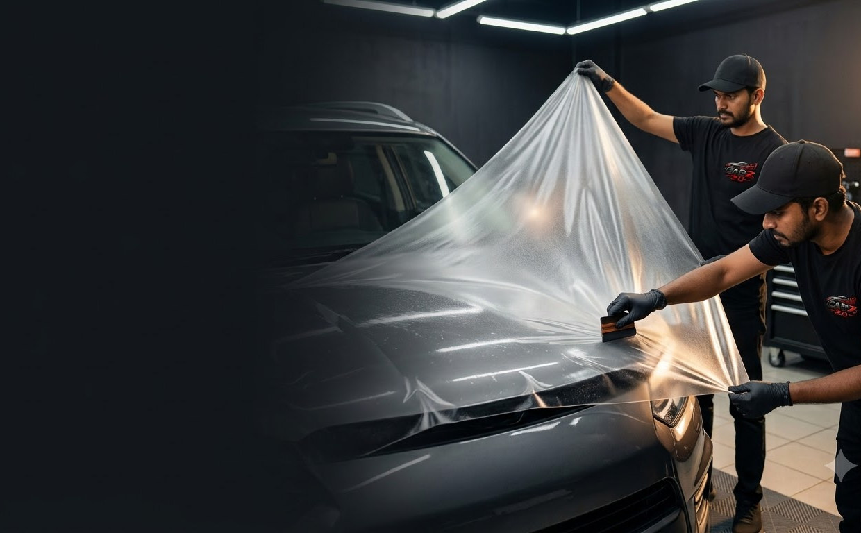 Technician squeegeeing paint protection film across a black car's bonnet