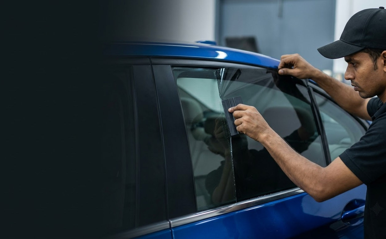 Tinted glass on a cobalt blue sedan
