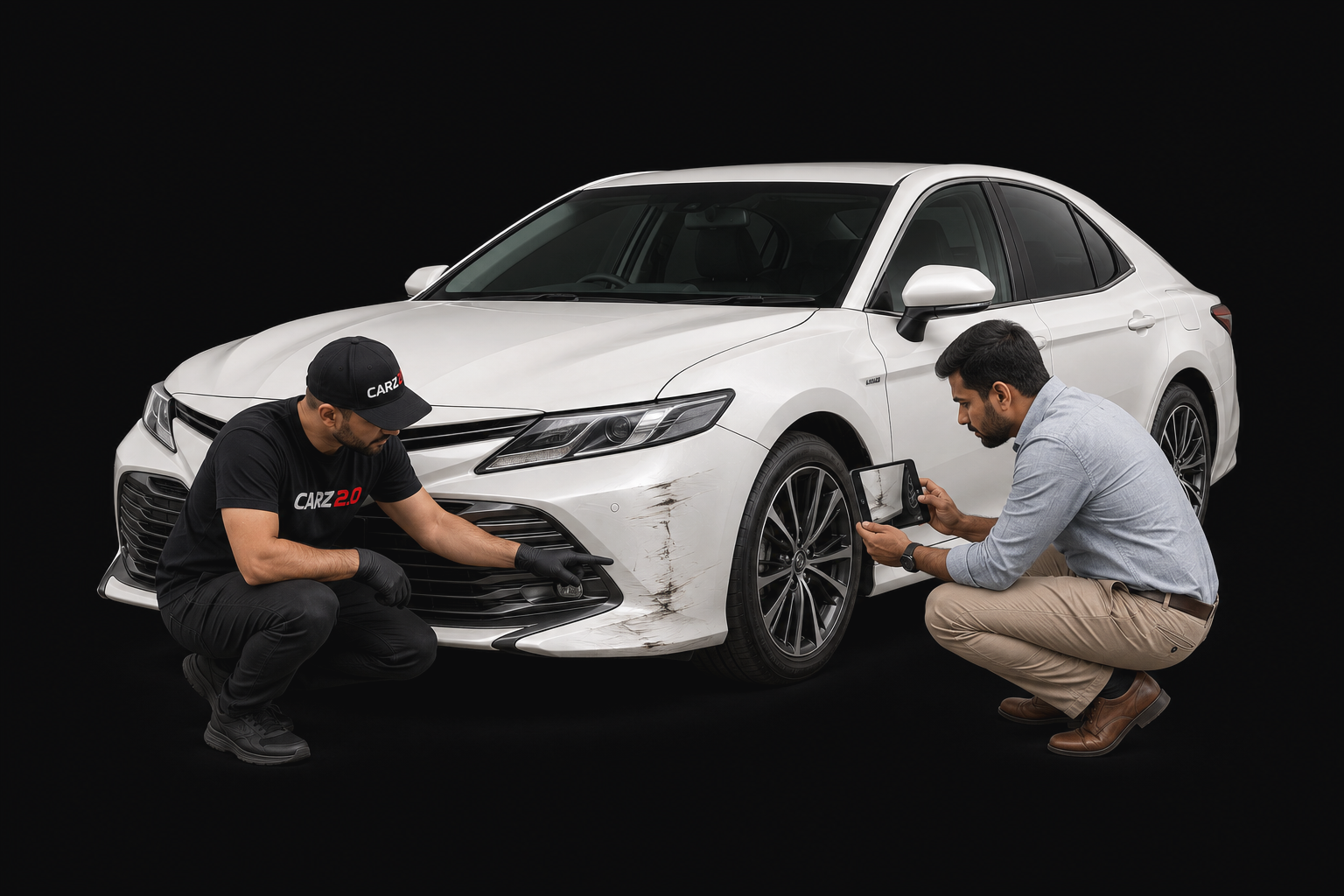 Insurance assessor with a tablet and a technician inspecting scuff damage on a pearl white sedan