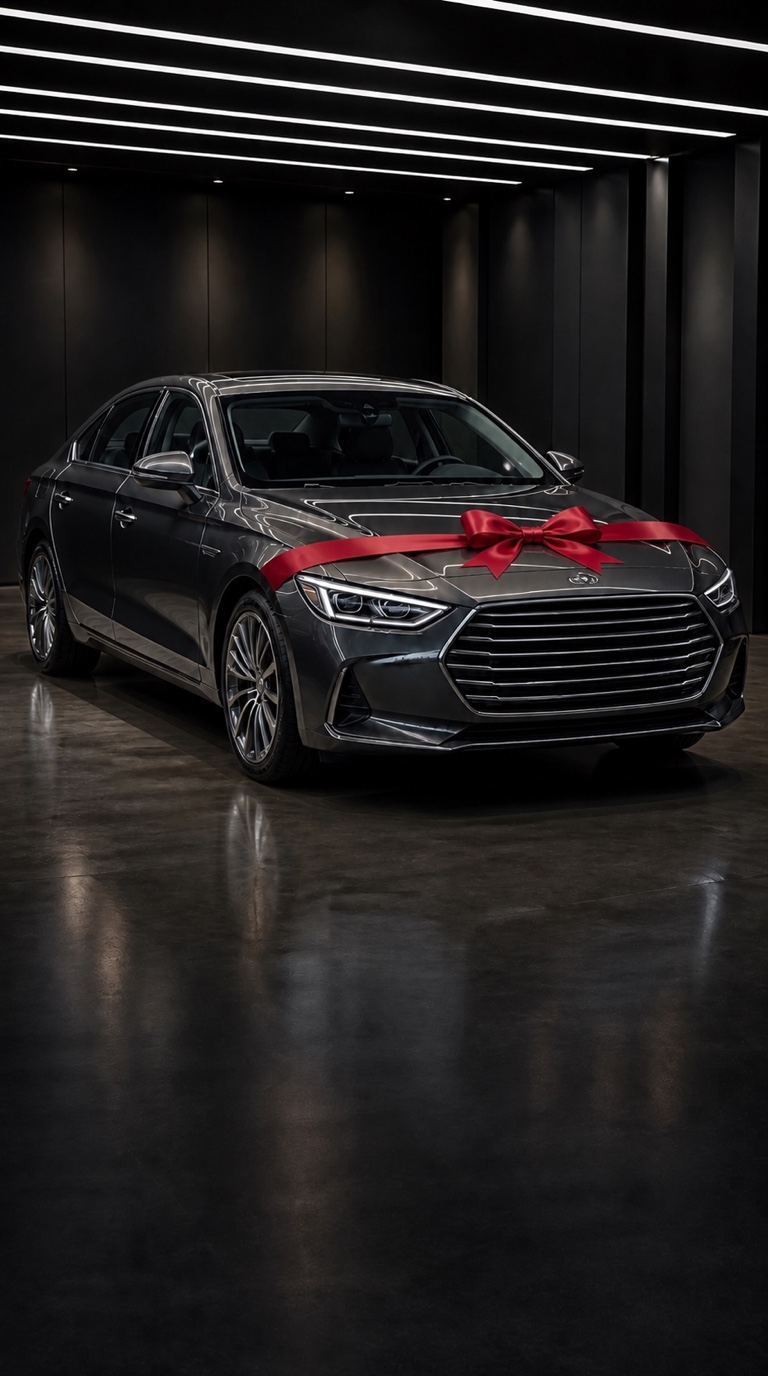 Pristine new graphite-grey premium car presented for delivery with a horizontal red bow