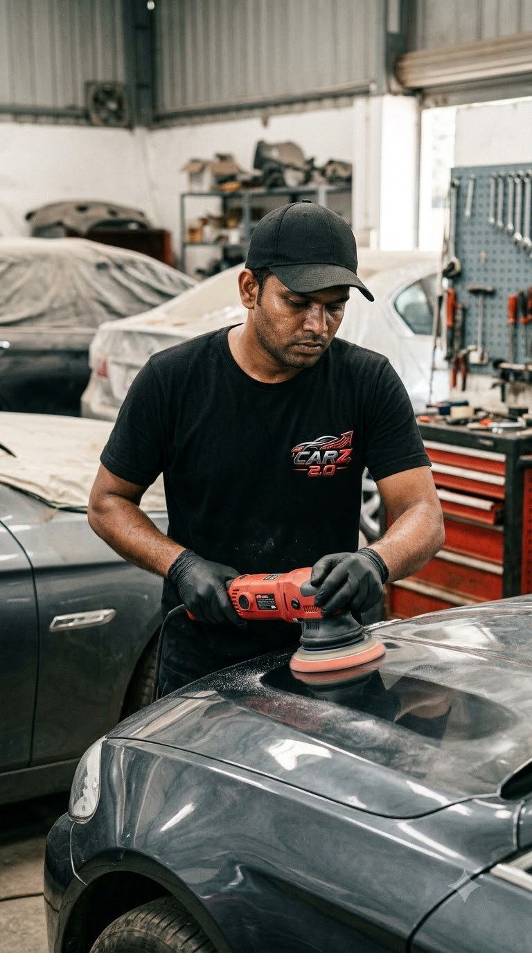 Detailing specialist restoring the paint finish of a premium car