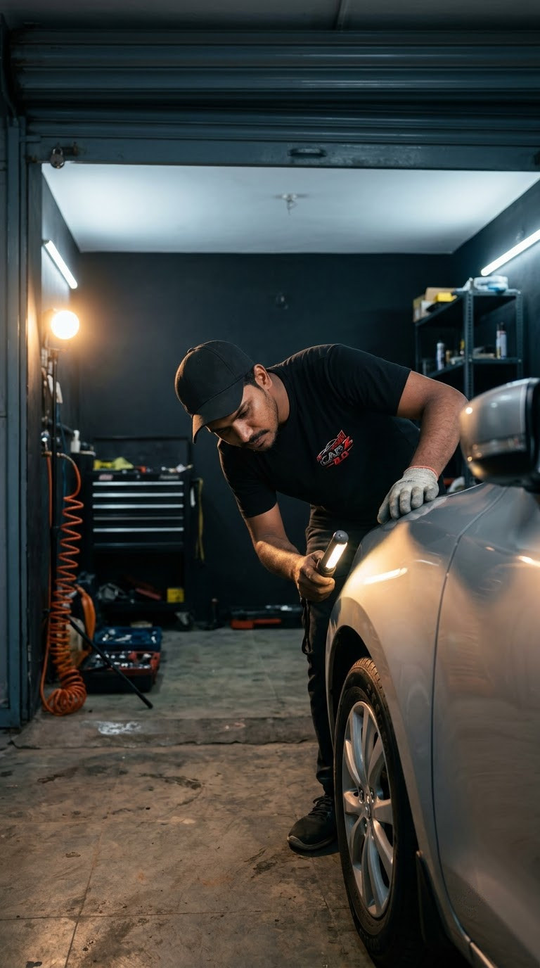 Technician assessing accident damage on a graphite premium car