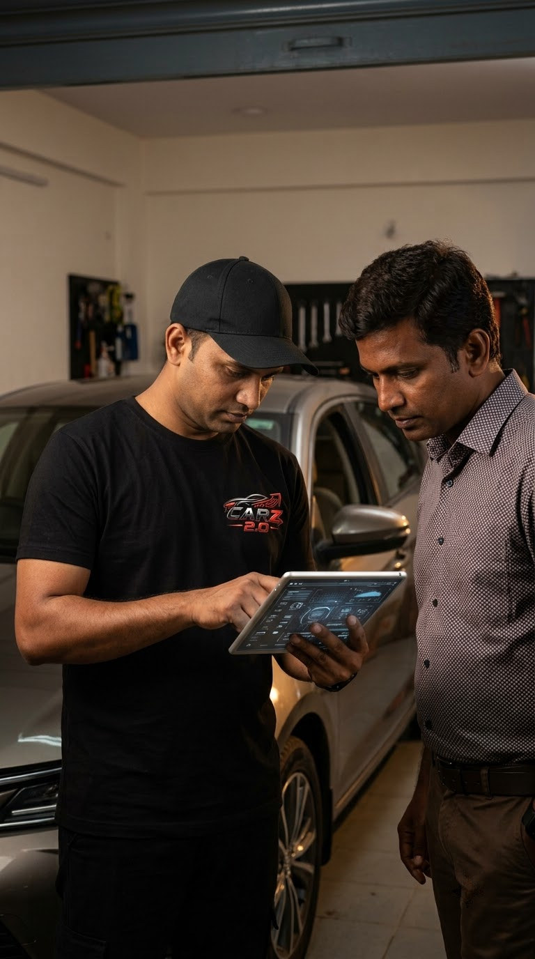 Service advisor helping a car owner review insurance renewal details