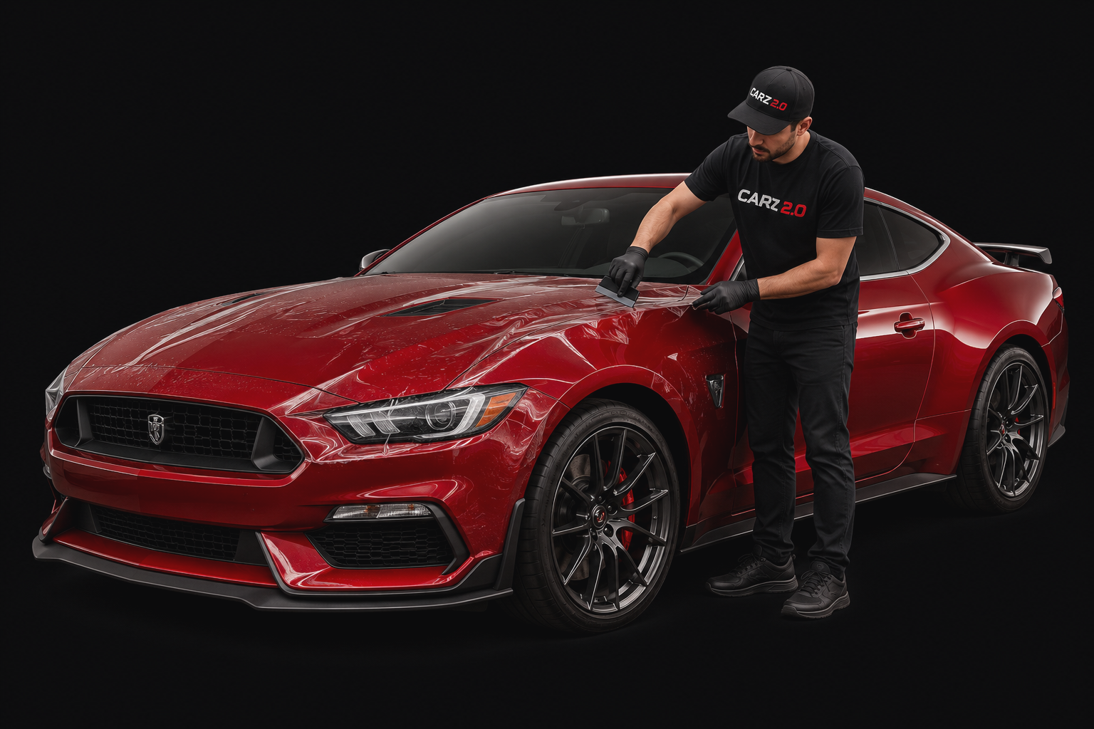 Ferrari-red performance coupe receiving paint protection film
