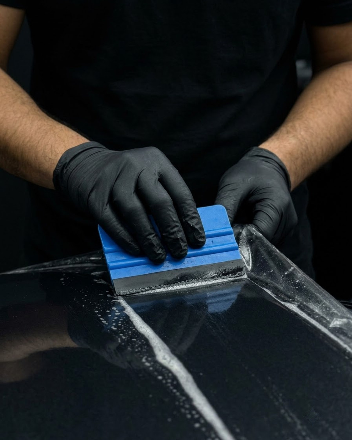 Technician installing paint protection film on a graphite premium car