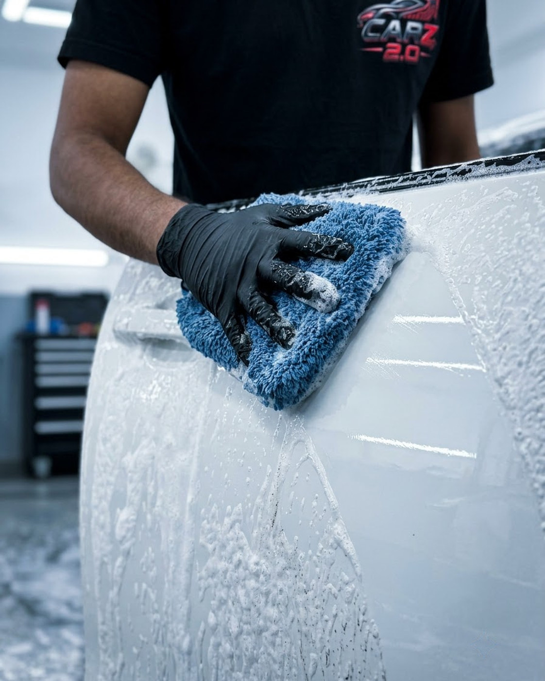 Graphite performance car receiving a controlled premium hand wash