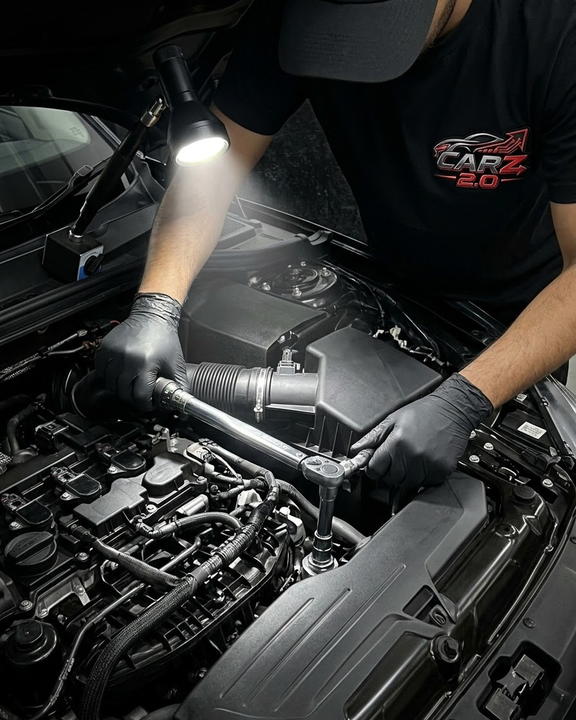 Mechanic performing electronic diagnostics in a premium car engine bay