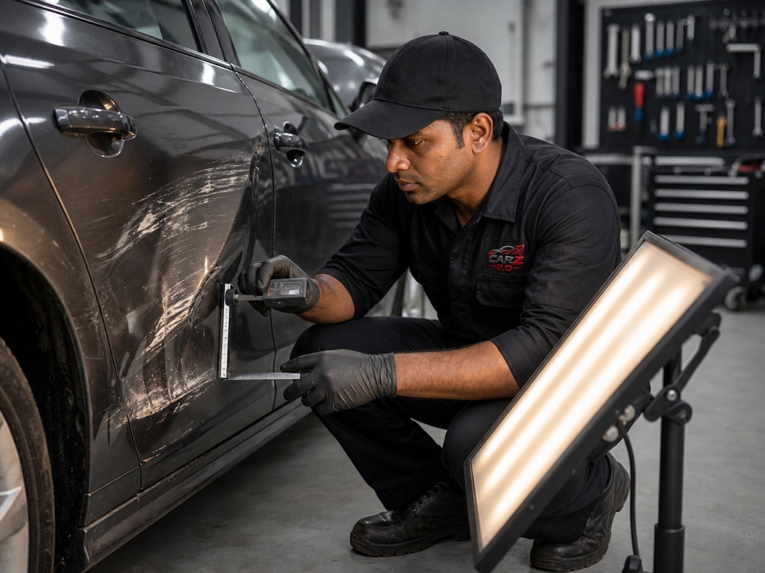Specialist measuring collision damage with a digital gauge under an inspection light