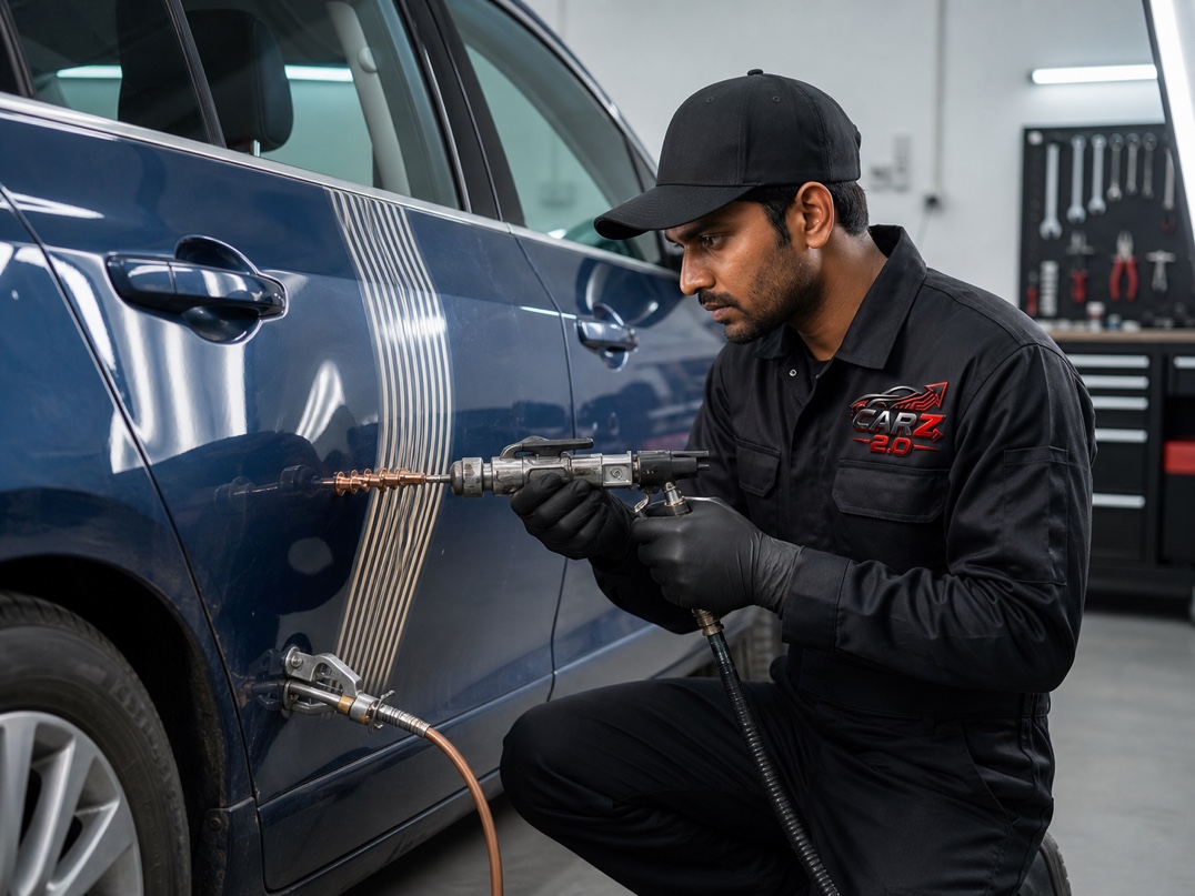 Body repair specialist correcting a door dent with professional pulling equipment