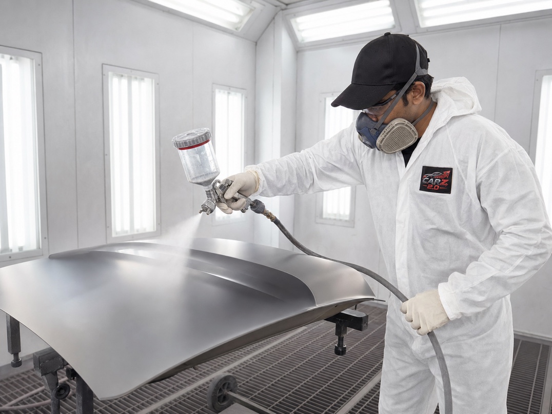 Automotive painter applying basecoat with an HVLP spray gun in a paint booth