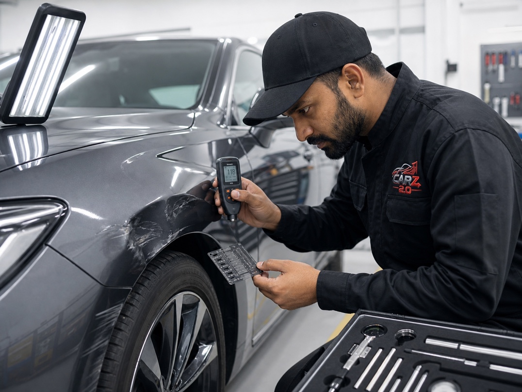 Body repair specialist measuring collision damage with a digital gauge