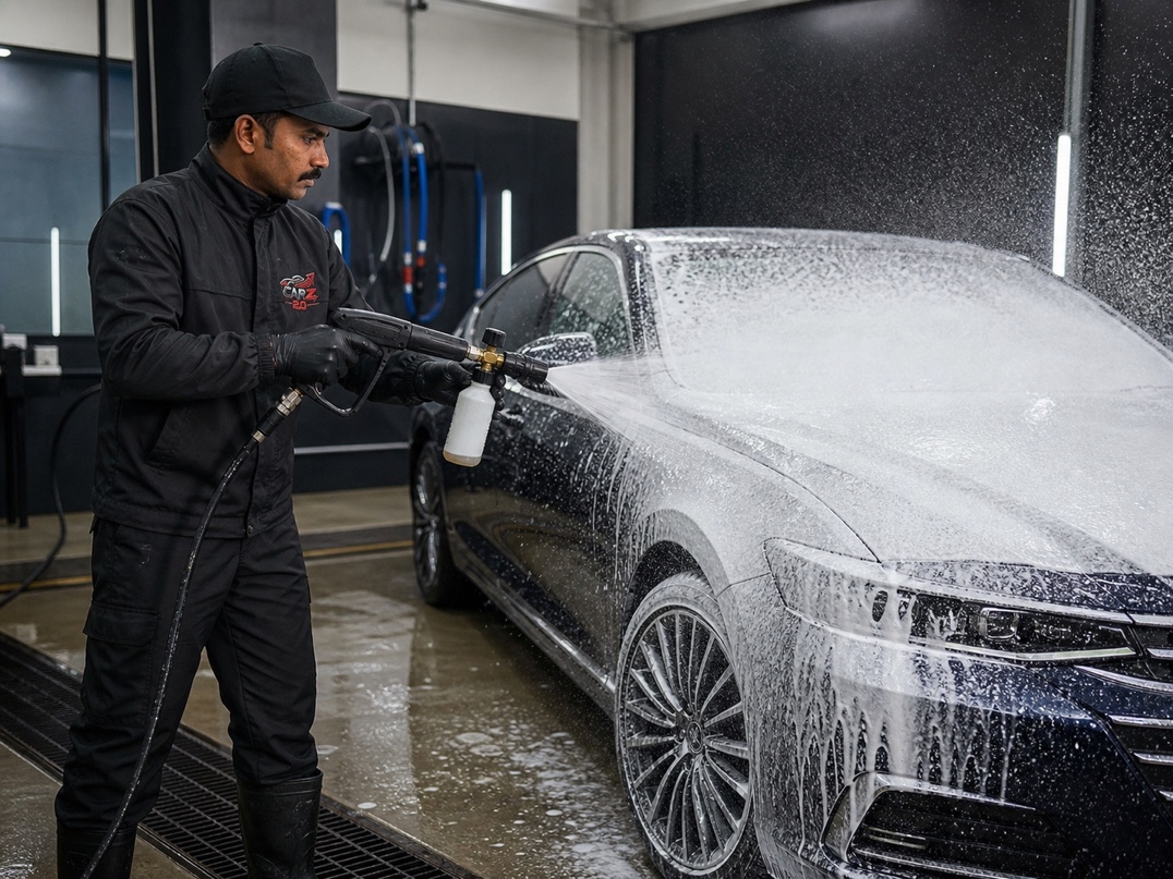 Technician applying snow foam with a professional pressure-washer foam cannon