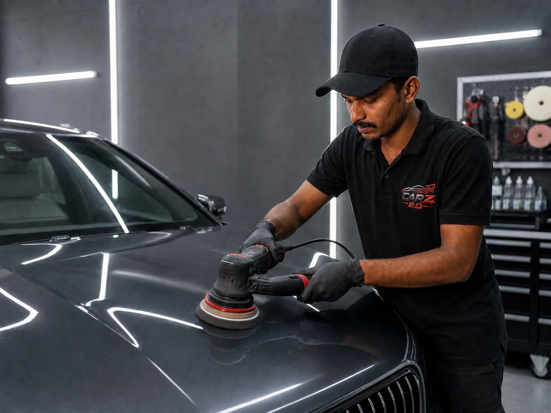 Detailing specialist machine-polishing the bonnet of a dark premium sedan