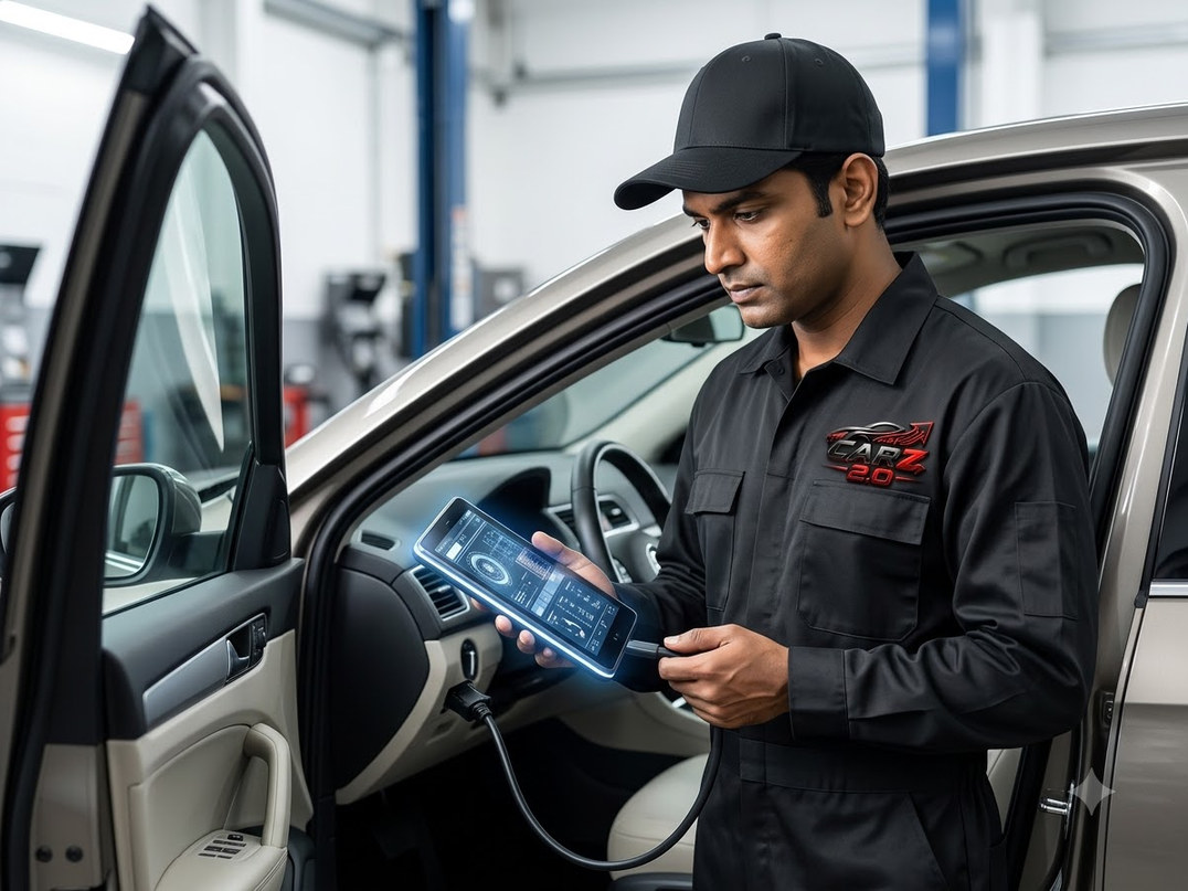 Technician carrying out diagnostic checks on a vehicle