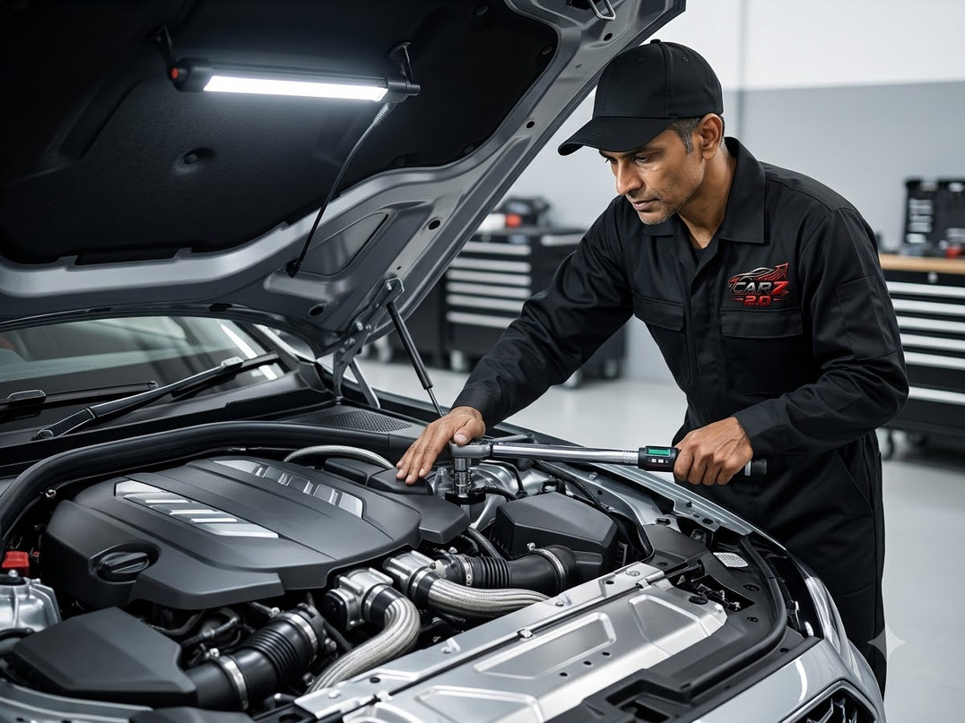 Technician working on a vehicle in a workshop service bay