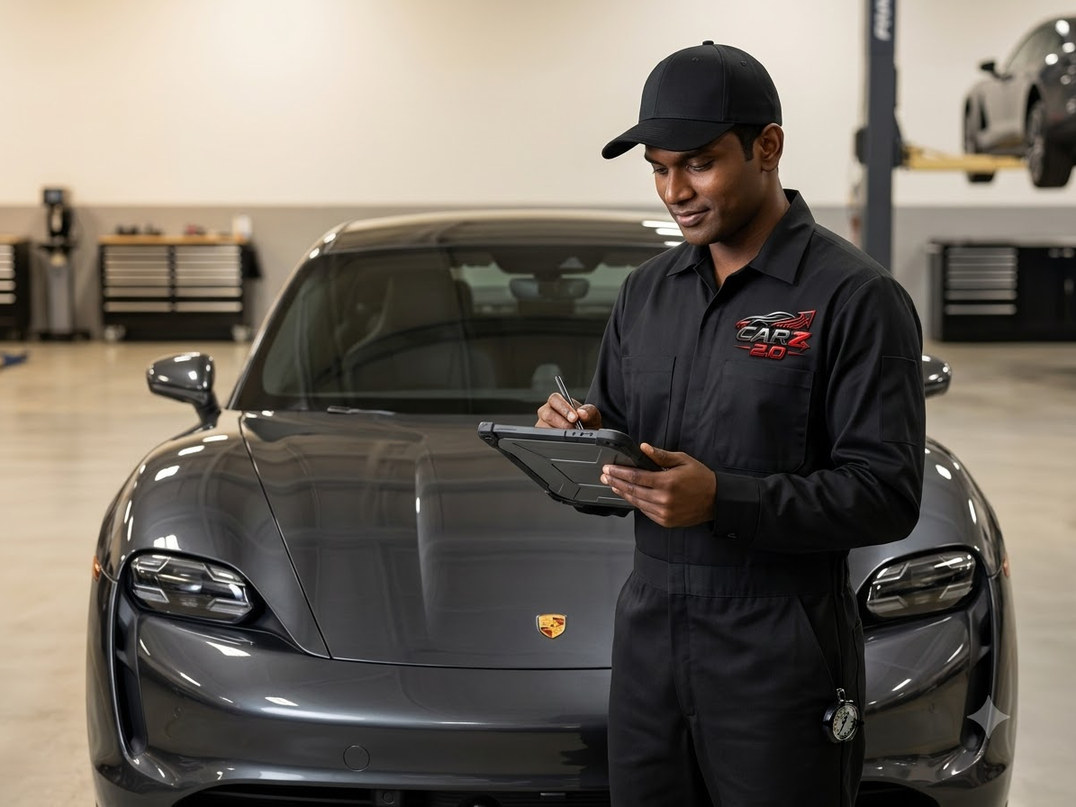 Final check on a vehicle under workshop inspection lighting