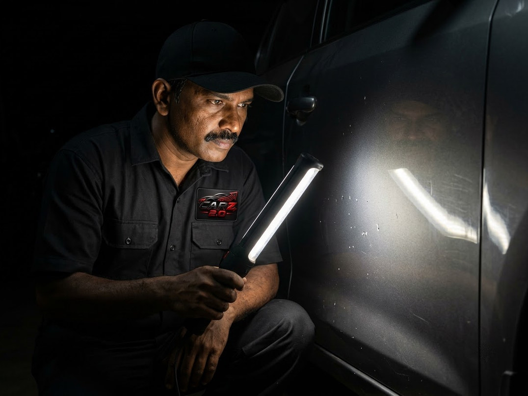 Specialist inspecting a vehicle panel under workshop lighting