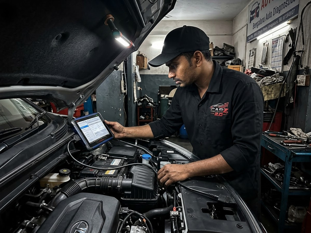Diagnostic equipment connected to a vehicle engine bay