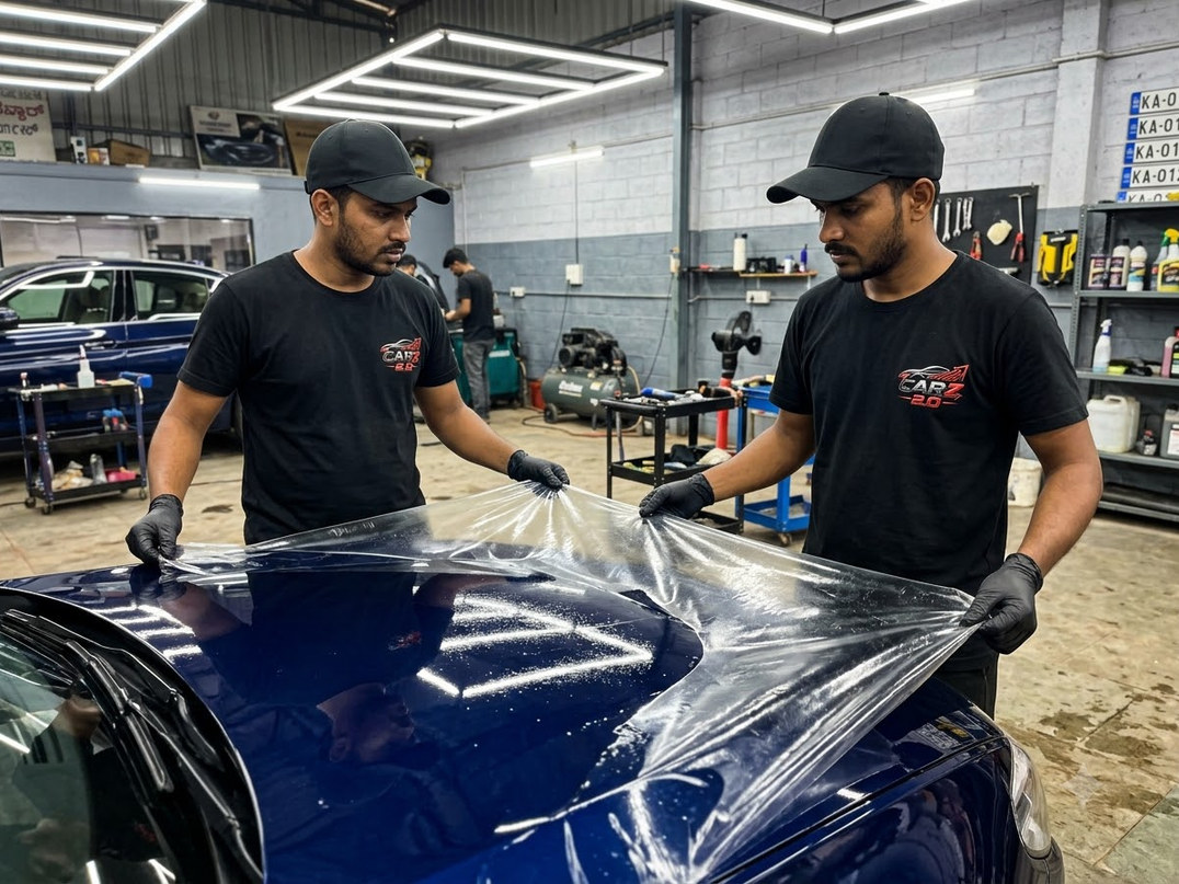 Film being worked across a bonnet edge with a squeegee