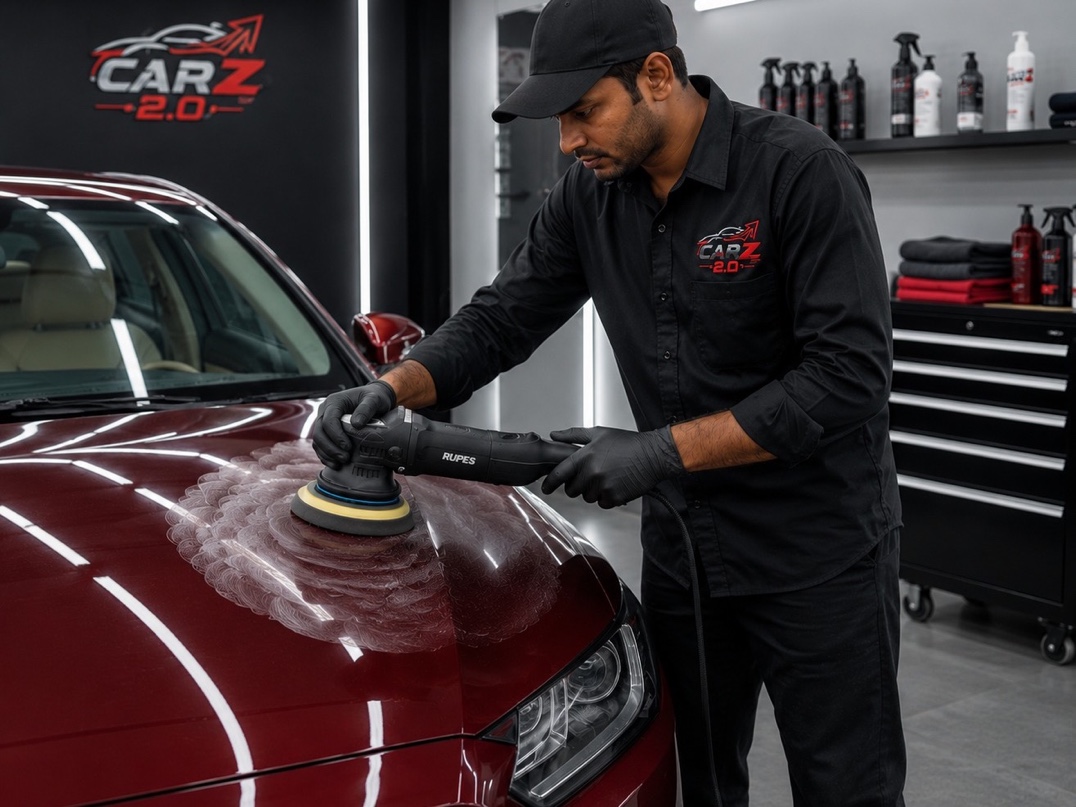 Detailing specialist machine-polishing the bonnet of a red premium car