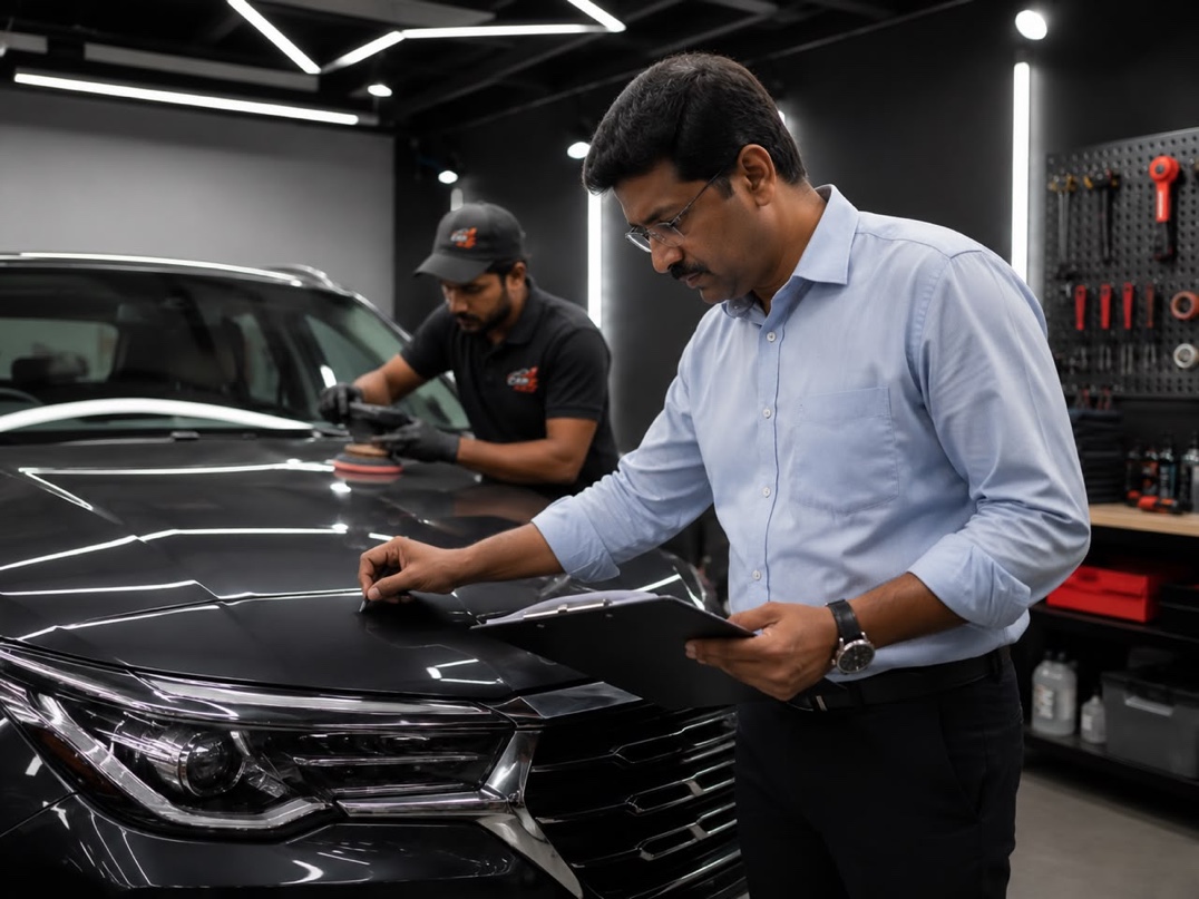 Insurance advisor inspecting a car bonnet with a repair worksheet while a technician works nearby