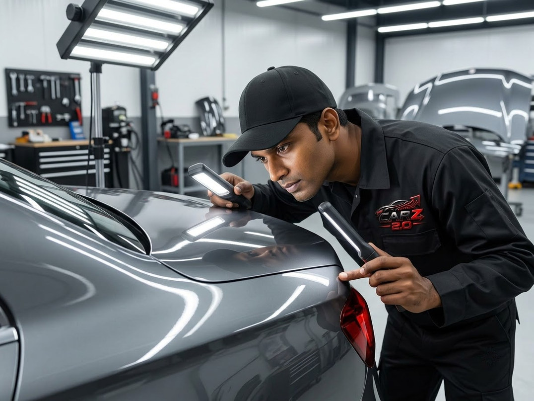 Final inspection of a repaired vehicle under workshop lighting