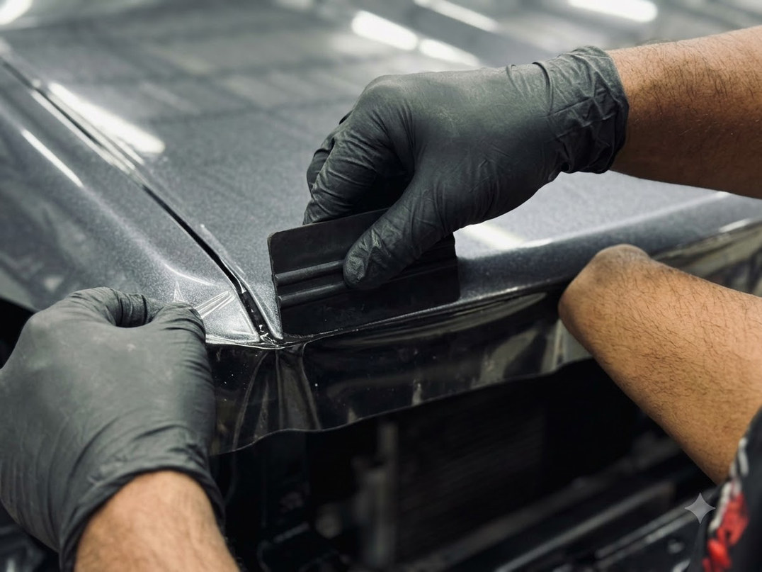 Film being worked down across a bonnet edge with a squeegee