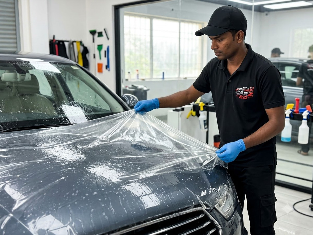 Paint protection film being applied across a vehicle panel