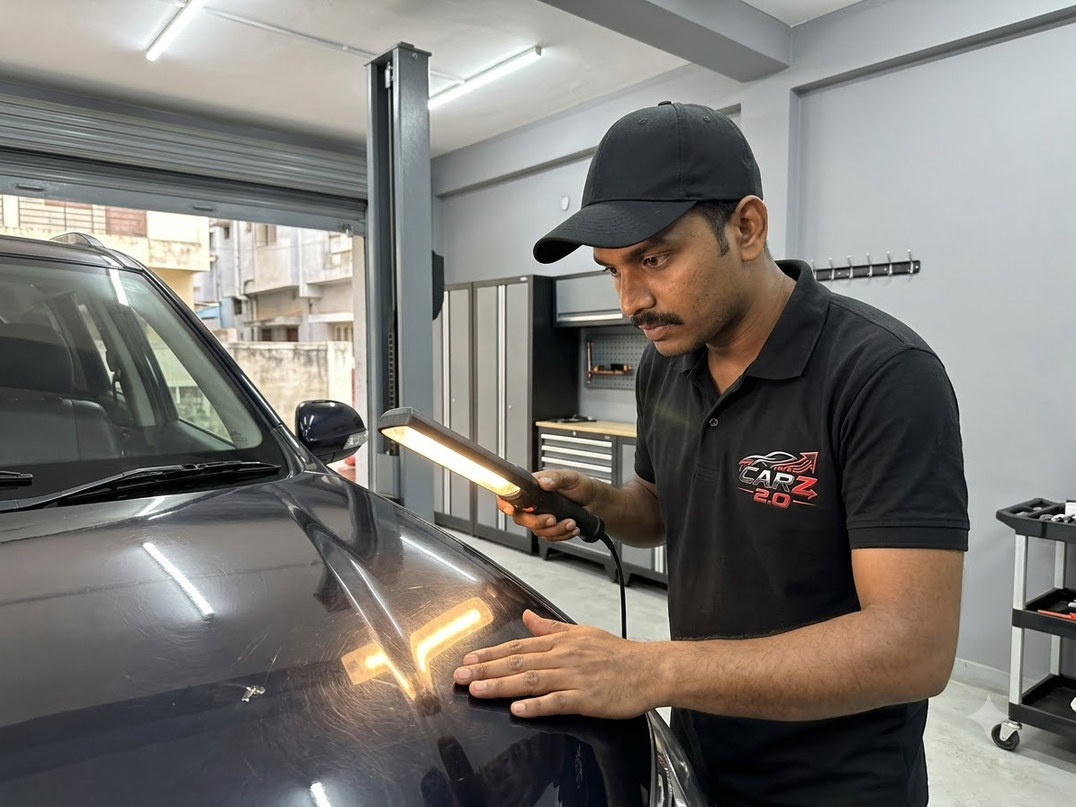 Close inspection of a vehicle's paint finish under workshop lighting