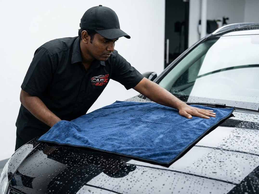 Specialist checking a washed panel under workshop lighting