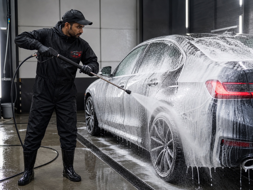 Technician pressure-rinsing dense snow foam from a premium sedan