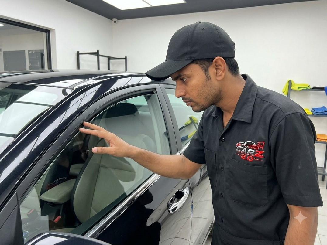 Specialist inspecting glass under workshop inspection lighting