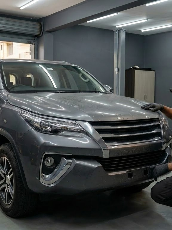 Grey SUV with a dusty, unprotected front end before film is installed